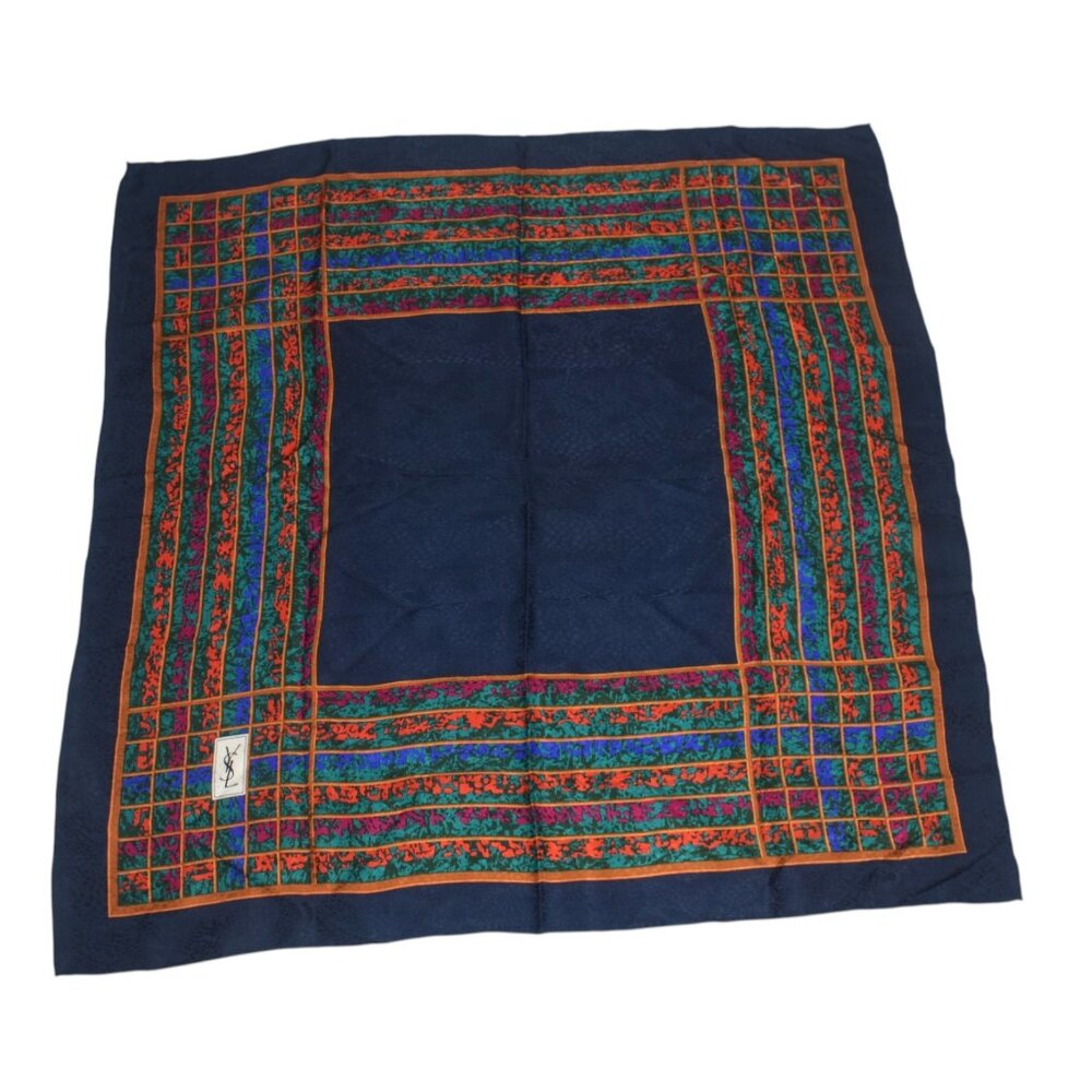 Vintage YSL Yves Saint Laurent Silk Square Scarf Navy with Colorful Border